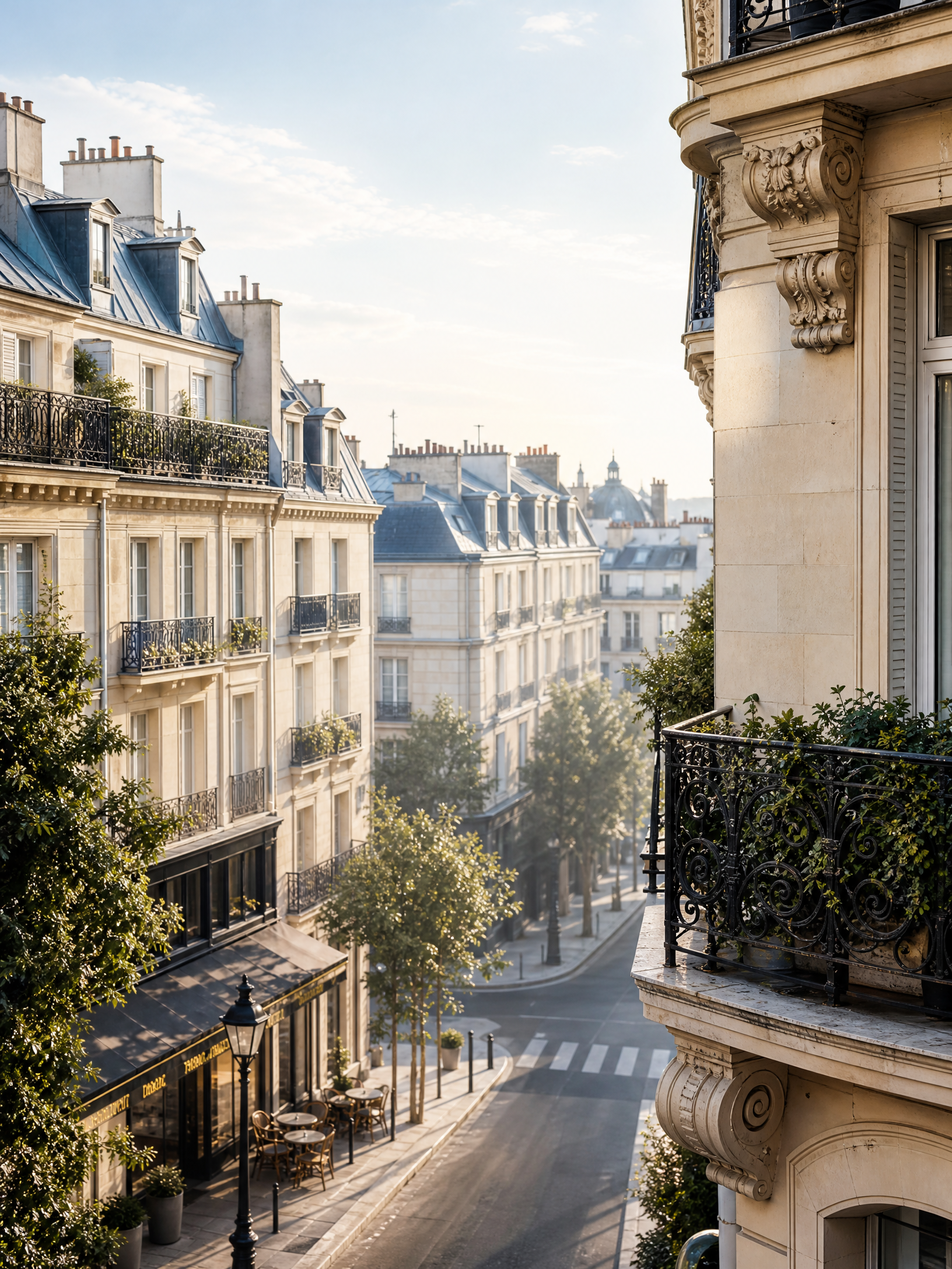 Vista urbana inspirada en París para escuela de idiomas